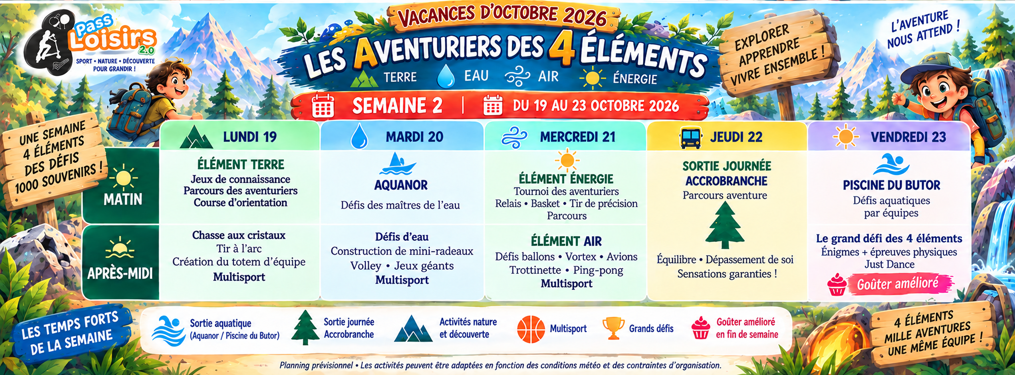Planning semaine 2 des vacances d’octobre 2026 — Les Aventuriers des 4 Éléments